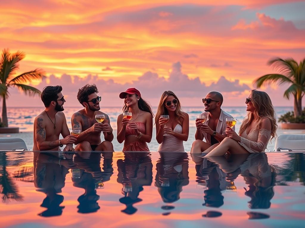 Create a high-resolution photo depicting a group of friends enjoying a luxurious beachside getaway. The scene should include a stunning beach with crystal clear water and a vibrant sunset in the background. The group, consisting of four friends, should be laughing and enjoying cocktails, with stylish beach loungers and palm trees surrounding them. The overall composition should highlight the joy of friendship and celebration, with hyper-glossy reflections on the water and luminous highlights on their drinks
