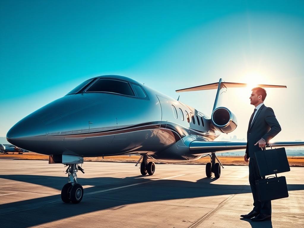 A high-resolution image depicting a luxury business travel experience. The focus is on a sleek, modern private jet parked on a runway, reflecting sunlight with hyper-glossy surfaces. In the foreground, a professional-looking business person, dressed in a tailored suit, holds a laptop and briefcase, ready for their trip. The background features a clear blue sky and the distant silhouette of a city skyline. The overall composition is clean and emphasizes luxury and professionalism.