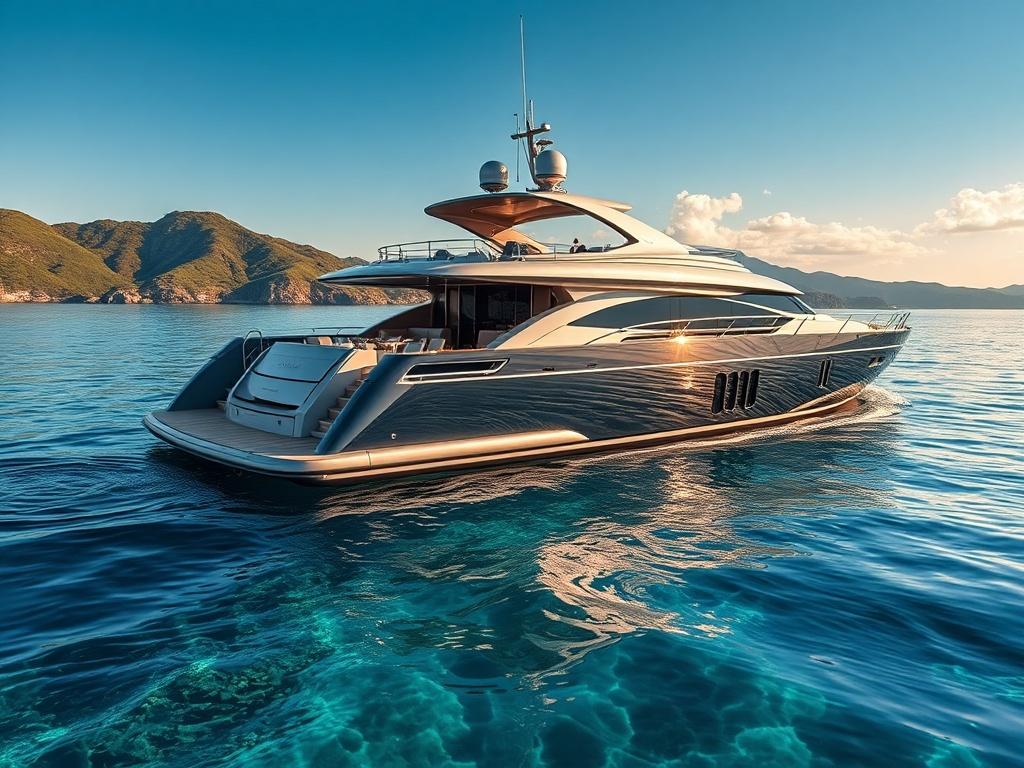 An elegant luxury yacht gliding smoothly over crystal clear waters,
