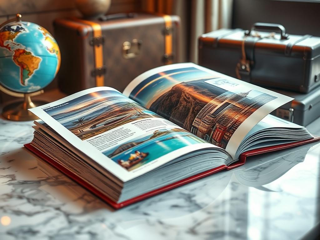 A luxurious travel itinerary book laid open on a polished
