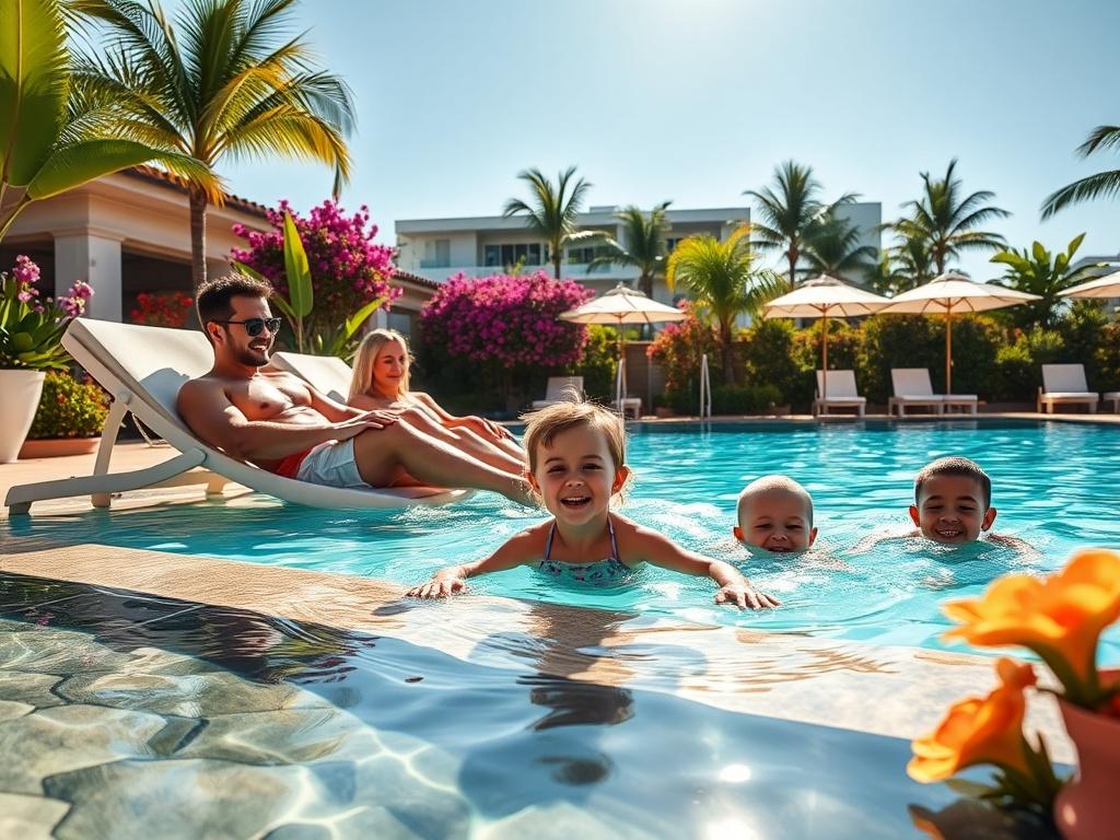 A happy family enjoying a day at a luxury resort