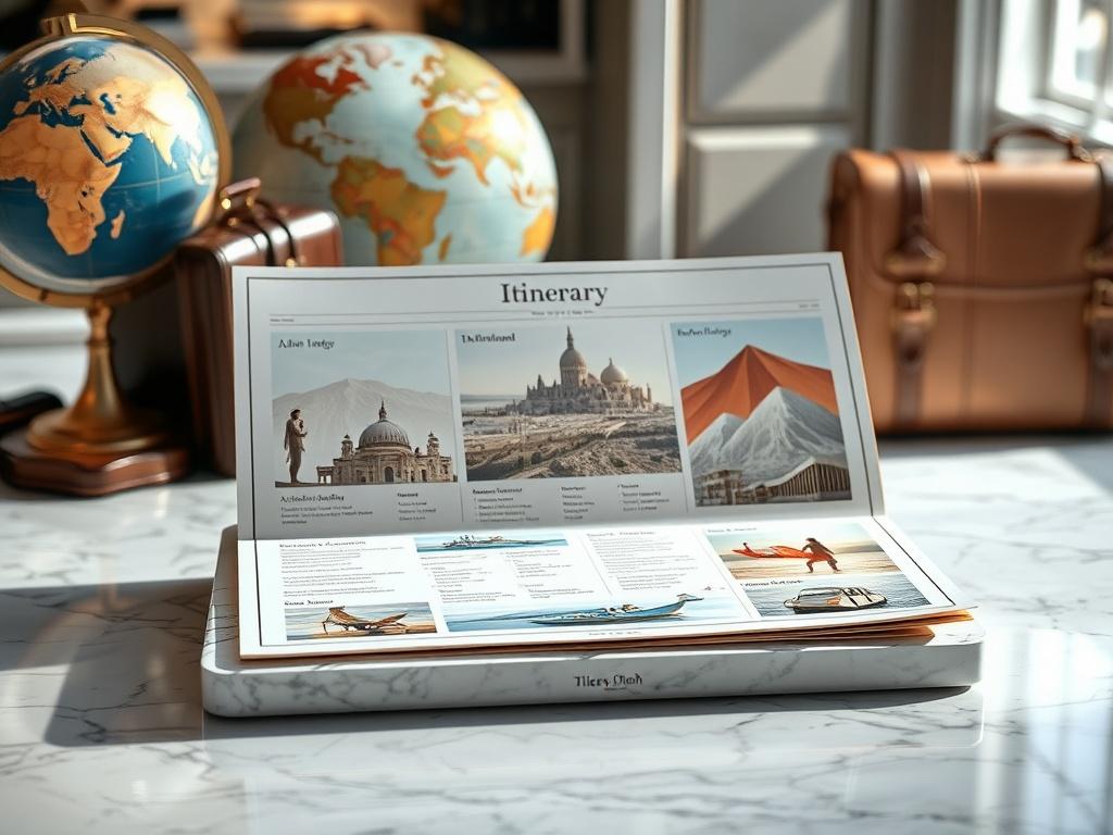 A luxurious travel itinerary displayed on a polished marble surface,