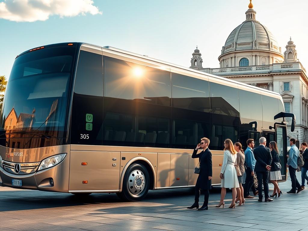 An elegant tour bus parked in front of an iconic