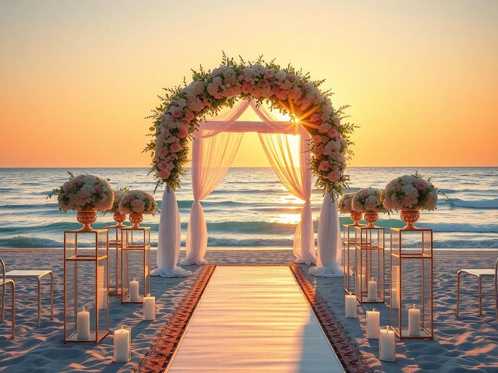 A breathtaking beach wedding setup under a floral arch, with