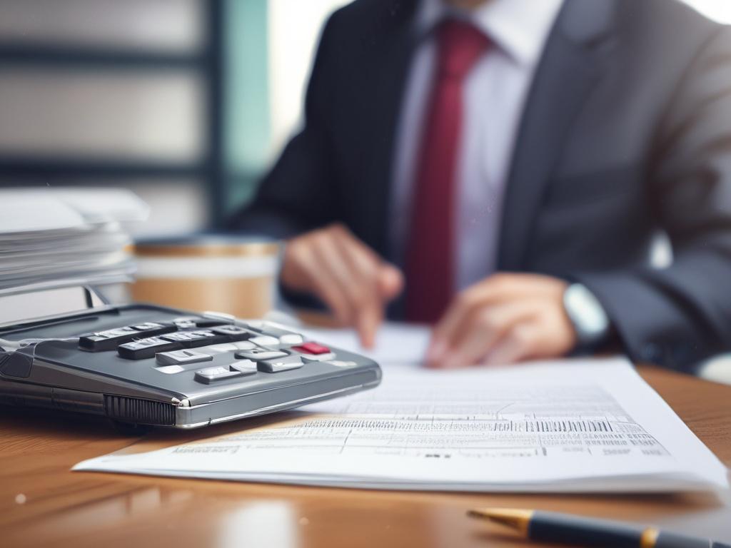 **Prompt for AI Image Generator:**

Create a realistic high-resolution photo that embodies the theme of tax consultation. The composition should be simple and clear, focusing entirely on a professional tax consultant sitting at a polished wooden desk in a well-lit office. The consultant, a middle-aged individual with an engaging expression, is reviewing tax documents and diligently working on a laptop. 

In the background, showcase a neat bookshelf filled with accounting books and tax-related guides, subtly