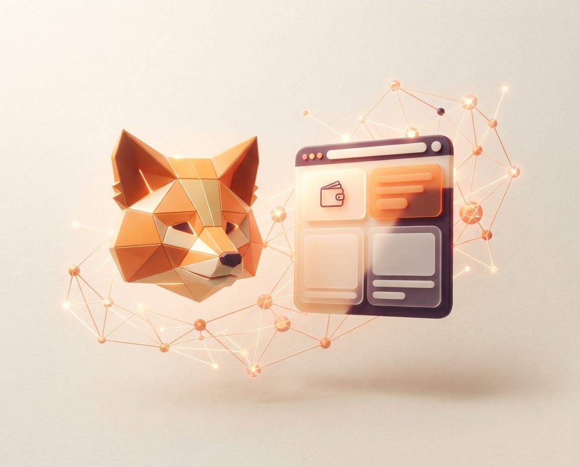 Illustration of a browser wallet panel linked to glowing Web3 network nodes