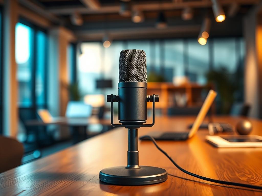 A high-resolution close-up shot of a podcast microphone on a wooden desk, with a blurred background of a modern office setting. The microphone should be the focal point, capturing the essence of a professional podcast environment. The lighting should be warm and inviting, creating an engaging atmosphere. Ensure the image reflects a sense of learning and empowerment, with subtle hints of technology in the background.