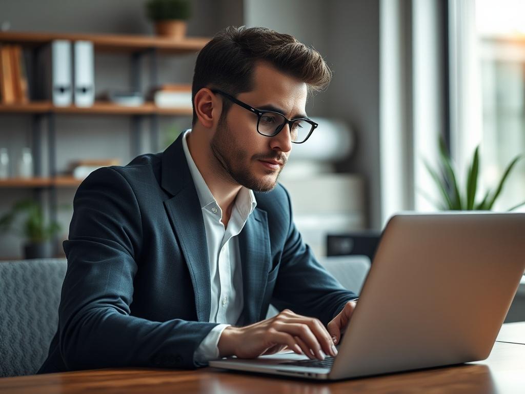 **AI Image Generation Prompt:**

Create a hyper-realistic, high-resolution photo that visually represents the evolution of AI in small and medium-sized businesses over the past six months. The composition should feature a single human subject, a confident business professional in their mid-30s, seated at a modern workspace. The individual is engaged with a sleek laptop showing AI-related data visuals on the screen, reflecting the integration of AI into business workflows. 

Use soft, natural lighting that h