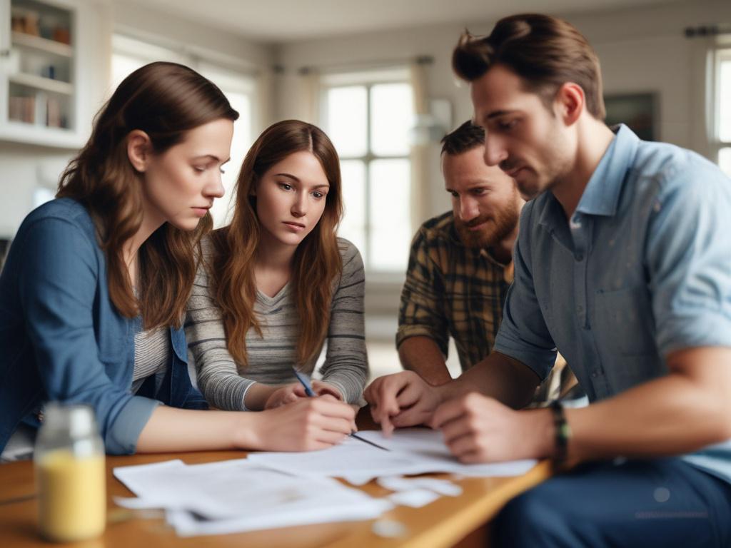 close-up of a worried family discussing finances at home, natural lighting, emotional expression, realistic high-resolution.