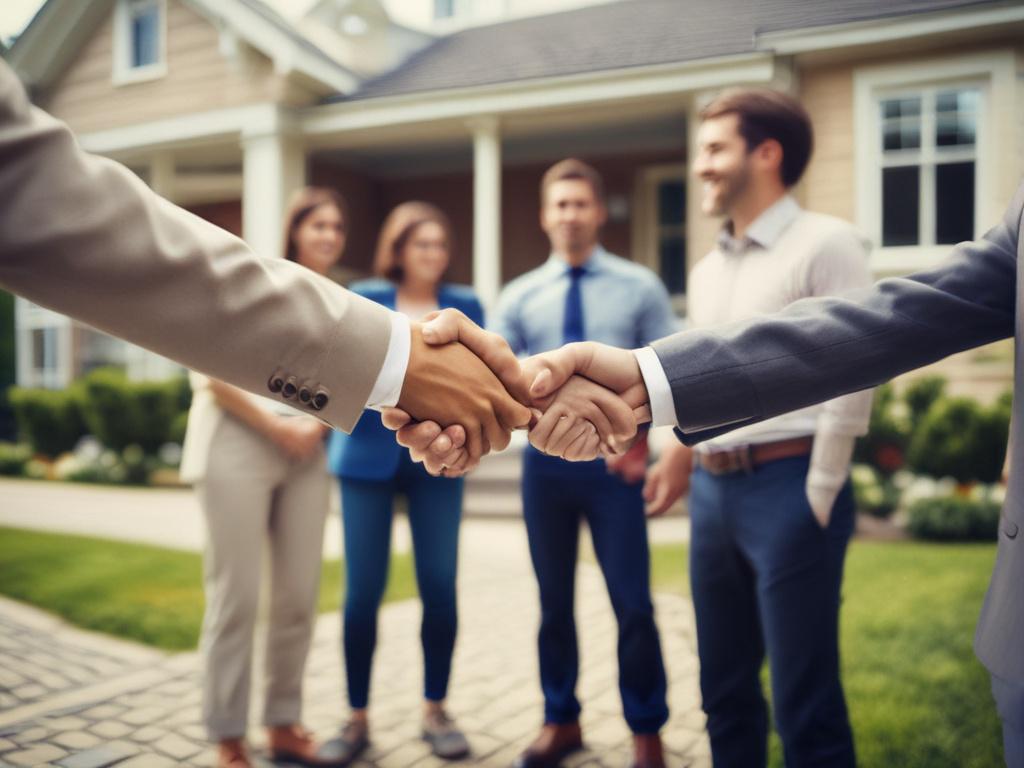 close-up of a real estate agent shaking hands with a family in front of a house, professional setting, realistic high-resolution.