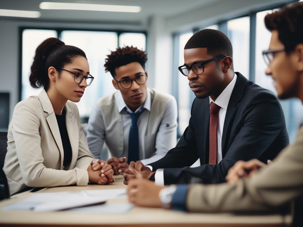 A diverse group of 2-4 workers in an office setting, representing different ethnicities and races. They are engaged in a collaborative discussion, not looking at the camera. The background is a modern office with natural light, showcasing a blend of workstations and greenery. The focus is on the workers' expressions of teamwork and engagement, capturing a warm and inclusive atmosphere.