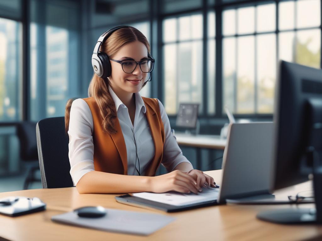 A female IT support agent smiling, sitting at a modern desk with a laptop, wearing a headset. The background features a clean and minimalistic office space with vibrant green accents. The focus is on the agent, showcasing professionalism and approachability.