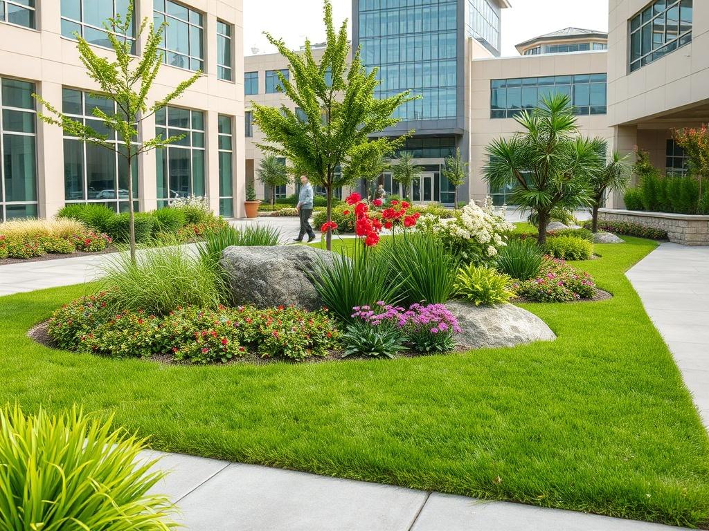 A completed commercial landscape showcasing a variety of realistic plants and grass, set in a well-maintained outdoor area. The scene includes vibrant green grass, neatly arranged shrubs, and flowering plants that add color and life to the space. In the background, there are modern commercial buildings, creating a harmonious blend of nature and urban architecture. The composition should be clear and inviting, highlighting the beauty of the landscape with natural tones and earthy textures.