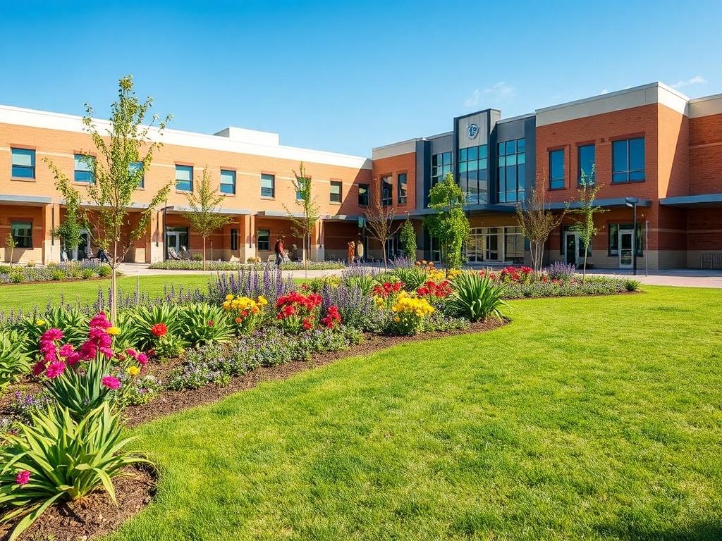 a beautiful commercial landscape design featuring greenery, colorful flowers, and