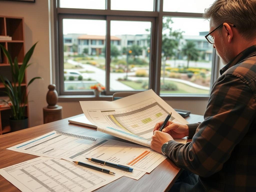 A professional reviewing landscape plans and documents in an office setting, with blueprints and compliance checklists spread across the desk. The background includes a window view of a commercial property landscape, symbolizing the connection between planning and execution.
