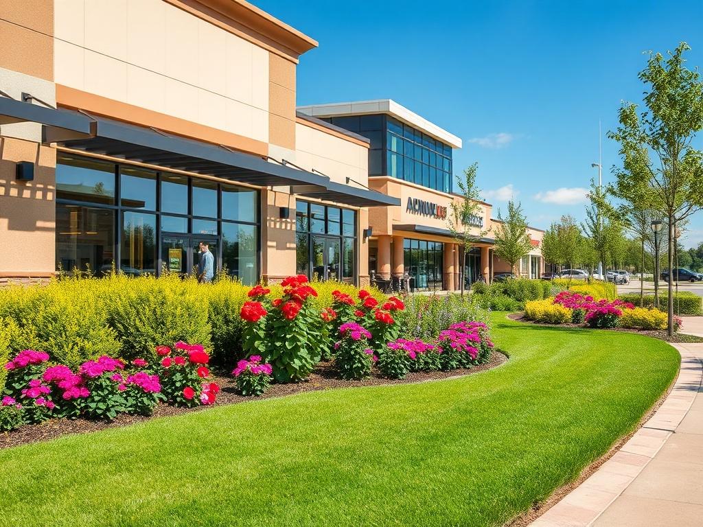 A commercial landscape scene showcasing a well-maintained green space around a retail center, featuring vibrant flowers, neatly trimmed bushes, and freshly laid sod. The background includes a clear blue sky and modern architecture, highlighting the beauty of the landscaping.