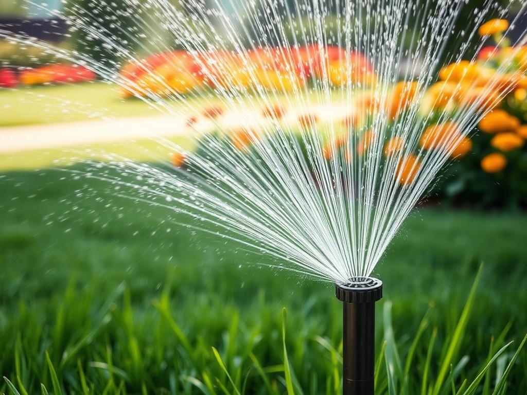 A close-up shot of a modern landscape irrigation system in action, showcasing the precise spray of water from a high-efficiency sprinkler head. The background features a well-manicured lawn with vibrant green grass and colorful flower beds. The image has a bright, sunny atmosphere, capturing the beauty of a healthy landscape nurtured by the irrigation system. The shot is taken with a 45mm f/1.2 lens to emphasize the details of the sprinkler while softly blurring the background.