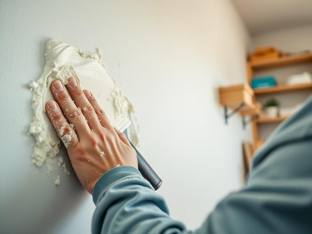 A close-up shot of a professional handyman applying drywall compound to a wall, showcasing the smooth application process. The focus should be on the handyman's hands and the tools being used, with a clean and organized workspace in the background. The lighting should be bright and inviting, emphasizing the details of the drywall repair work.