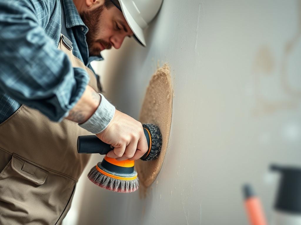 A close-up shot of a handyman sanding a wall, focusing on the dust and texture of the surface. The image should capture the meticulous nature of wall preparation, with sanding tools and safety equipment visible. The background should show a clean, organized work area, highlighting the professionalism of the handyman.