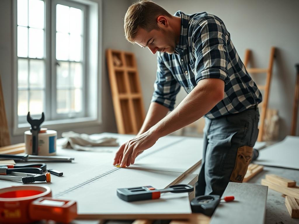 A professional handyman measuring and cutting drywall sheets in a well-lit room, with tools and materials neatly organized around. The focus should be on the handyman's actions, showing precision and care in the installation process. The background should depict a partially finished room, emphasizing the context of the drywall installation.