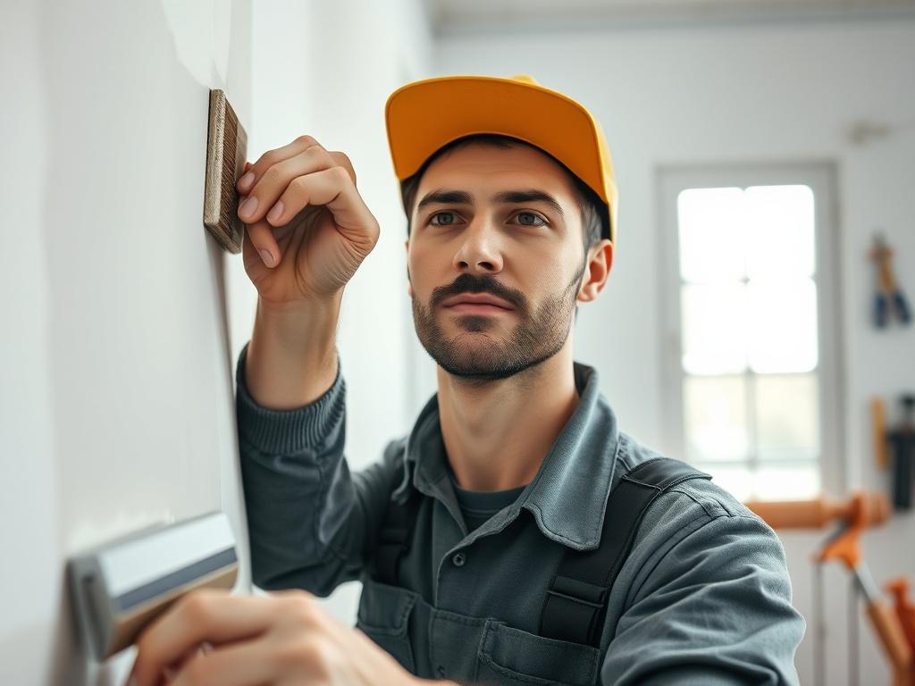 A close up shot of a skilled handyman painting a