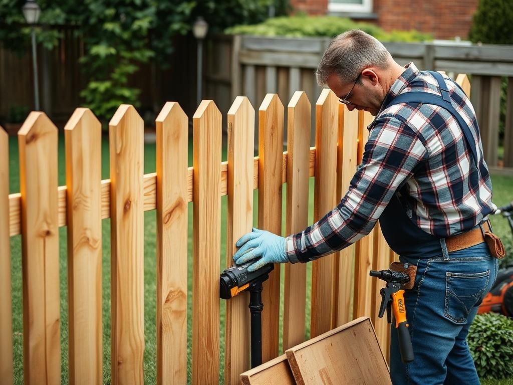 A skilled handyman installing a wooden fence in a garden