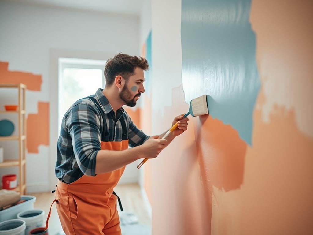 A professional painter applying fresh paint to an interior wall,