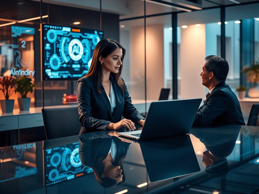 A modern office setting with a professional woman discussing AI