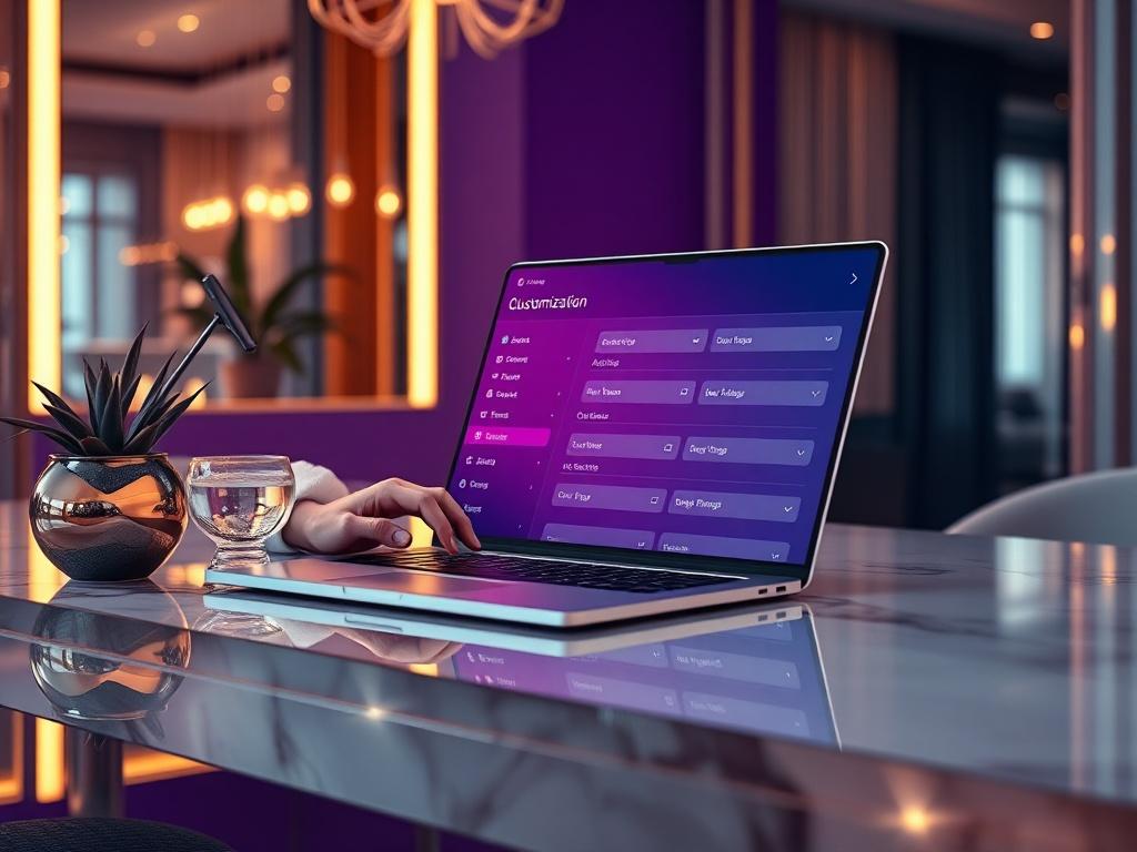 An elegant workspace with a laptop displaying AI customization settings
