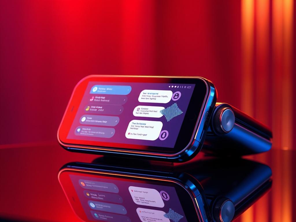 A sleek and modern AI voice interface displayed on a high-tech device, glowing softly against a luxurious backdrop. The focus is on the device, which shows vibrant chat bubbles and voice wave animations. The background should be a subtle gradient of royal red and deep violet, with soft gold accents enhancing the image's elegance. The overall appearance should convey innovation and professionalism, reflecting the high-end service of an AI voice receptionist.