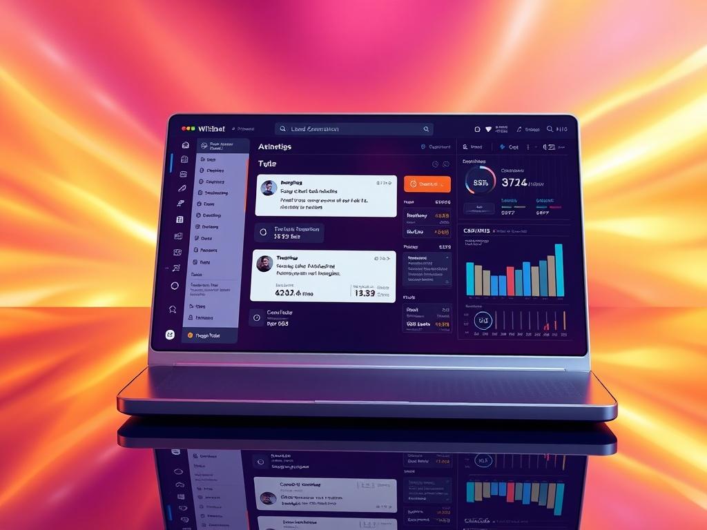 An eye-catching representation of an AI lead generation interface, showcasing incoming messages and analytics on a sleek screen. The design should be modern and inviting, with a dynamic background featuring soft gold and deep violet hues. Include visual cues of engagement, like notifications and personalized messages, to convey the effectiveness of the AI Lead Reviver in revitalizing business leads.