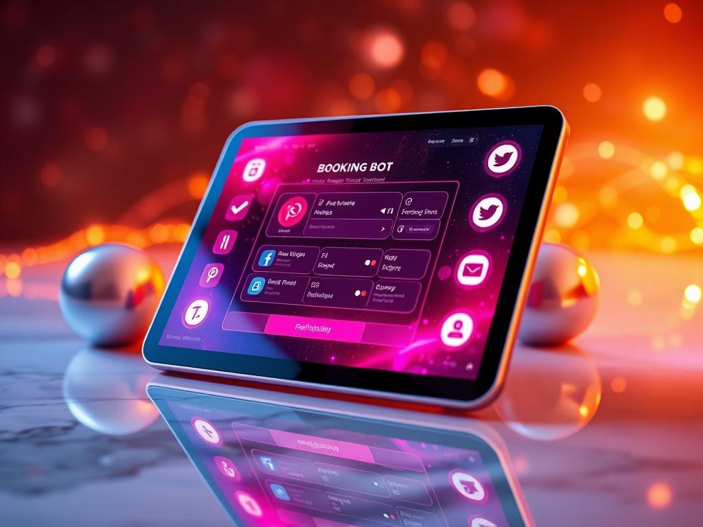 A stunning visual of a futuristic AI booking interface displayed on a tablet or smartphone, surrounded by vibrant icons representing social media and messaging platforms. The device should be set against an elegant, softly lit background with cosmic elements subtly included. The color scheme should highlight royal red and deep violet with hints of soft gold, emphasizing the luxurious feel of the booking bot service.