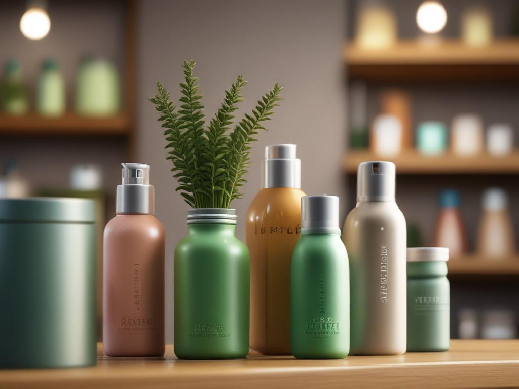 A hyper-realistic close-up shot of eco-friendly products displayed in a boutique setting, with soft natural lighting. The image should capture the essence of sustainability and modern design. Shot with a 45mm f/1.2 lens.