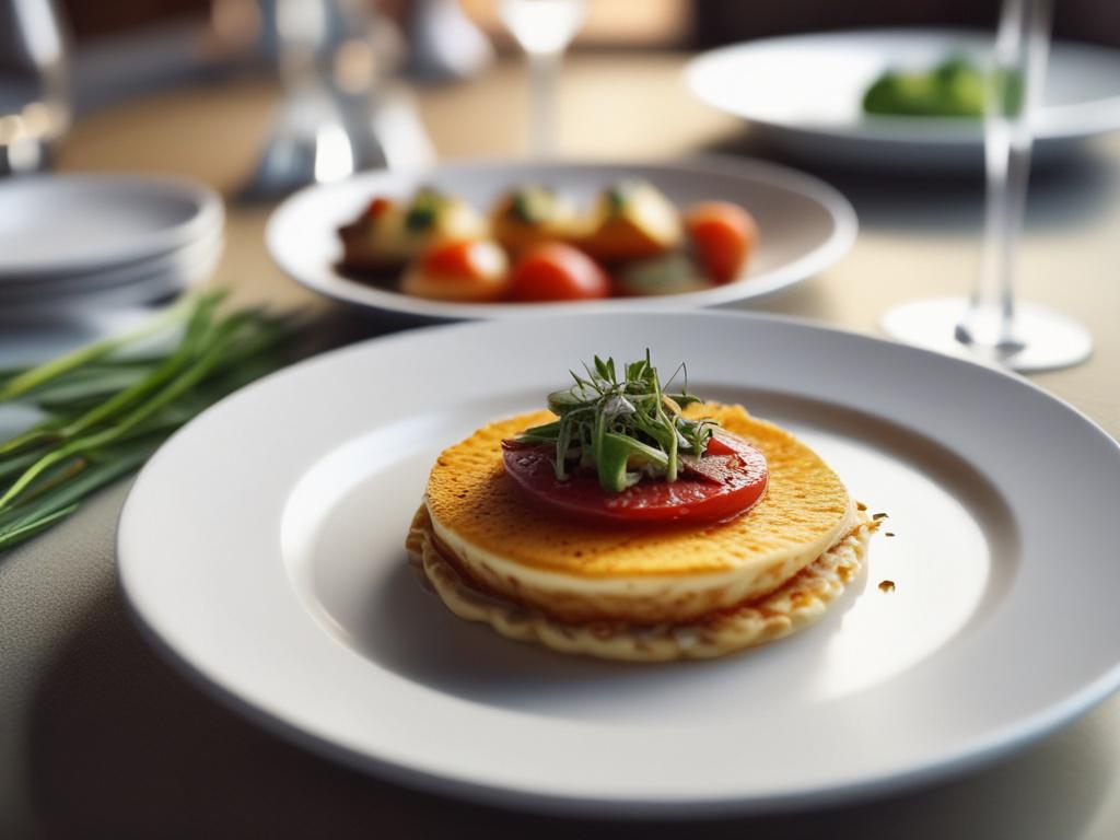 A hyper-realistic close-up shot of a beautifully plated gourmet dish, with a modern restaurant setting in the background. The image should have a soft focus on the dish, with warm lighting to enhance the colors. Shot with a 45mm f/1.2 lens.