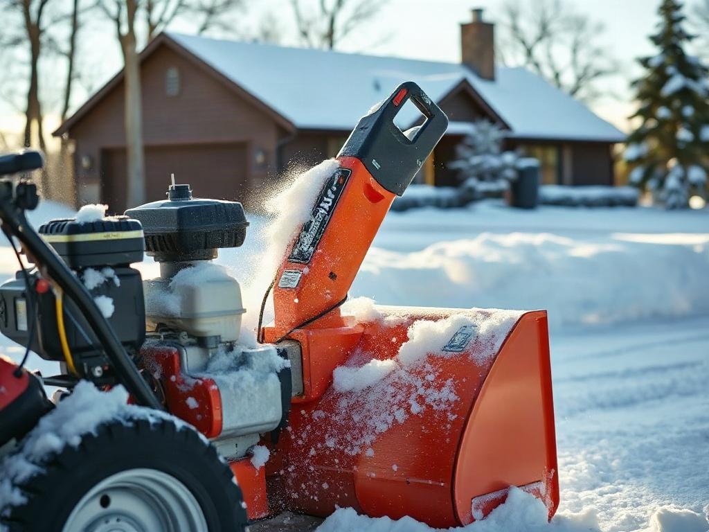 A realistic high-resolution photo of a snow blower in action, clearing snow from a residential driveway. The image should focus on the snow blower, showcasing its powerful engine and snow being blown away. The background should feature a cozy suburban home covered in snow, with trees in the distance. The lighting should be bright to reflect a clear winter day.