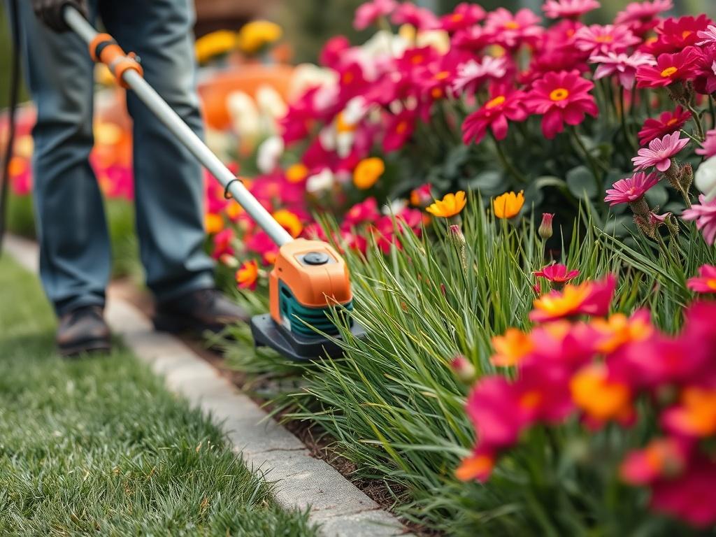 A close up shot of a professional landscaper using a