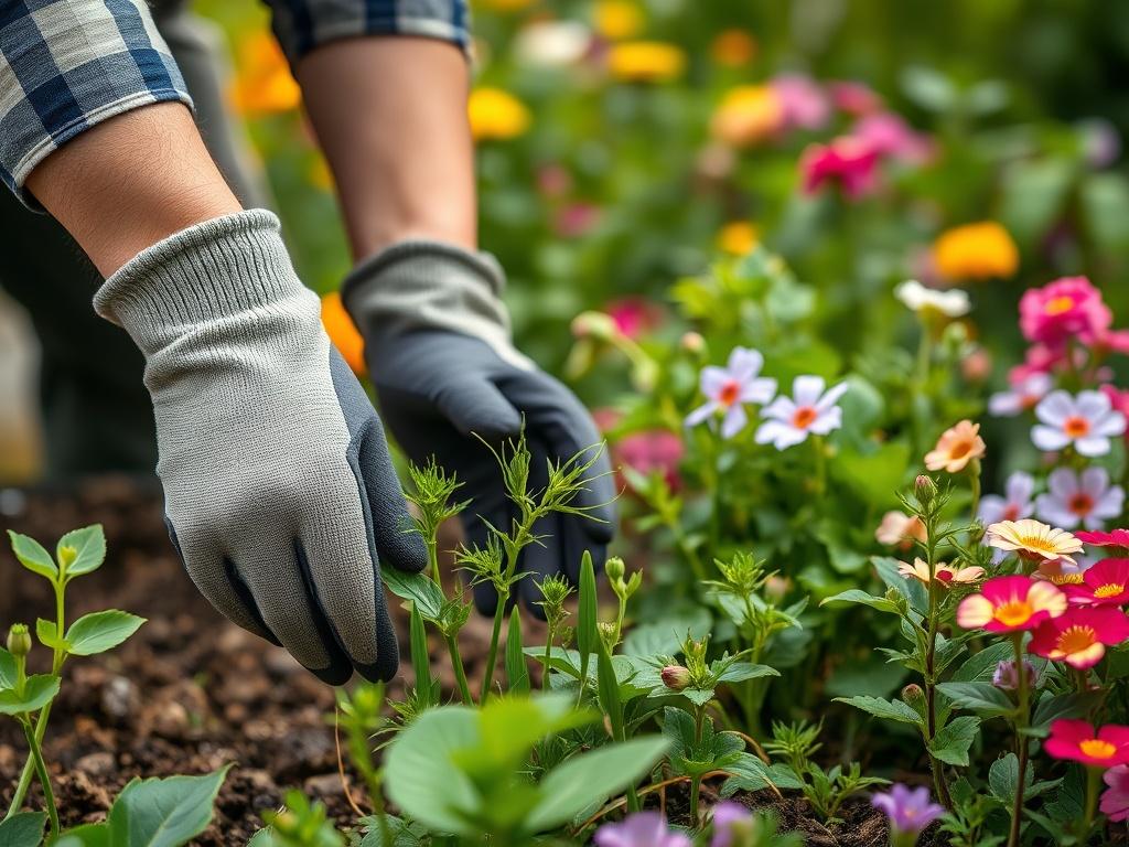 A close-up shot of a professional gardener wearing gloves, carefully picking weeds from a vibrant garden bed filled with various plants and flowers. The background should be softly blurred, focusing on the gardener's hands and the weeds being removed, showcasing a lush and healthy garden environment. The image should have a hyper-realistic style and feature the primary color rgb(50, 170, 39) in the foliage.