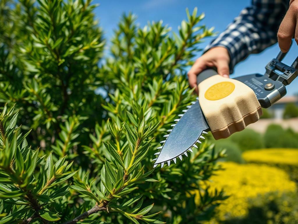 A close-up shot of a professional landscaper trimming tree branches with precision in a lush garden setting. The focus is on the blades of the trimming tool against the vibrant green foliage. The background features a clear blue sky and hints of well-maintained shrubs. The image captures the essence of meticulous lawn care in a striking, hyper-realistic style.