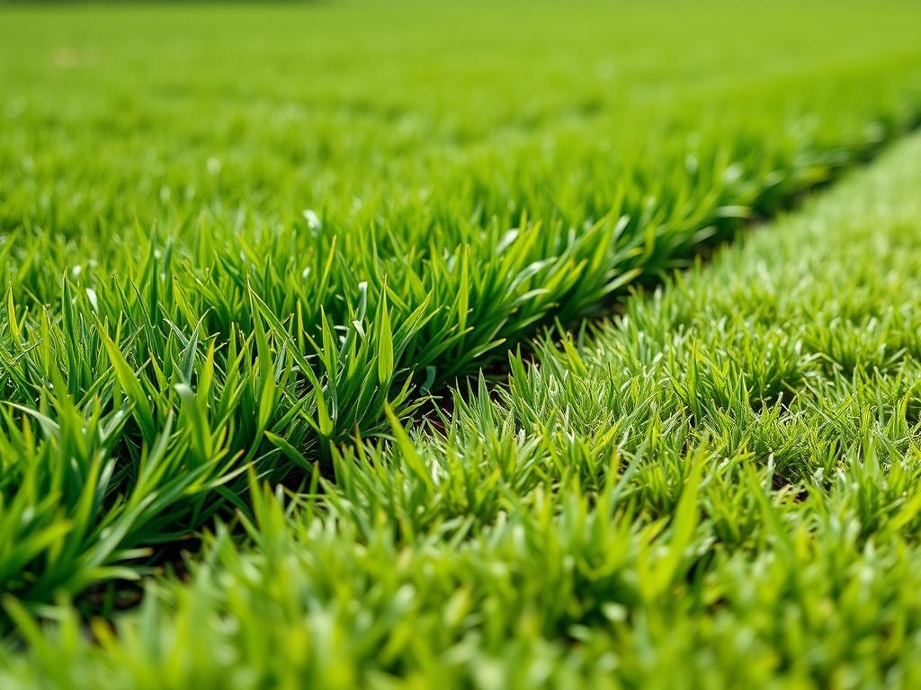 A hyper-realistic close-up shot of a freshly mowed lawn with perfectly trimmed edges and vibrant green grass. The image should emphasize the neat lines created by edging and trimming. The background should be soft and blurred to keep the focus on the lawn, capturing the beauty of a well-maintained outdoor space. The lighting should be bright, showcasing the lush greenery in vivid detail.