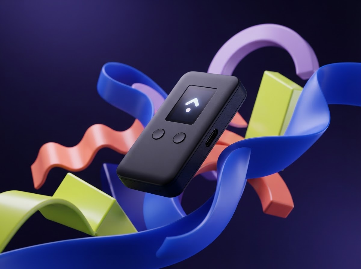 A secure hardware wallet surrounded by colorful abstract shapes
