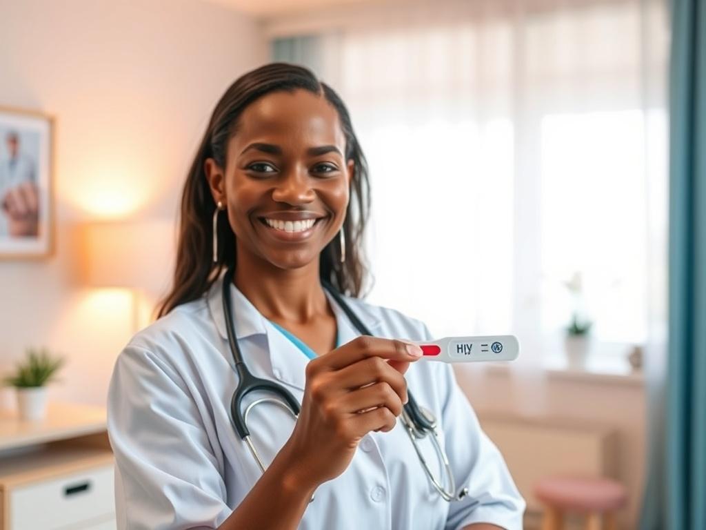 A serene and inviting clinic room with soft, natural lighting. The focus is on a healthcare professional, a compassionate smile on their face, holding an HIV testing kit. The background features calming colors and minimalistic decor, evoking a sense of safety and trust. The setting should reflect a welcoming atmosphere, making it clear that this is a space for confidential health services.