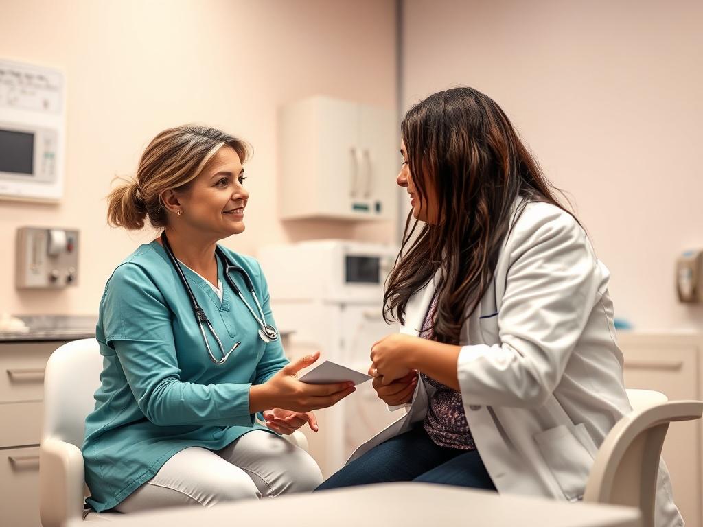 A healthcare professional in a gentle, softly lit clinic setting, attentively explaining the TPHA Syphilis and RPR testing process to a patient. The background should be calming, with soft pastel colors and medical equipment subtly visible. The subject should be the healthcare professional and the patient, engaged in a compassionate conversation, ensuring a sense of trust and support.