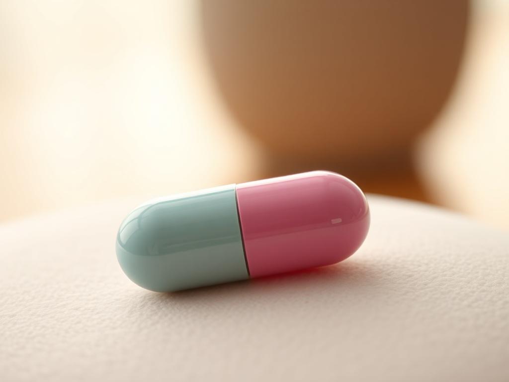 A high-resolution image of a single RICOVIR pill placed on a soft, light-colored surface. The pill should be the only subject in the image, showcasing its smooth texture and vibrant color. The background should be softly blurred to enhance the focus on the pill, creating a peaceful and inviting atmosphere. The lighting should be gentle, casting subtle shadows and highlighting the pill's features. The overall composition should evoke a sense of safety and reassurance, reflecting the commitment to health and 