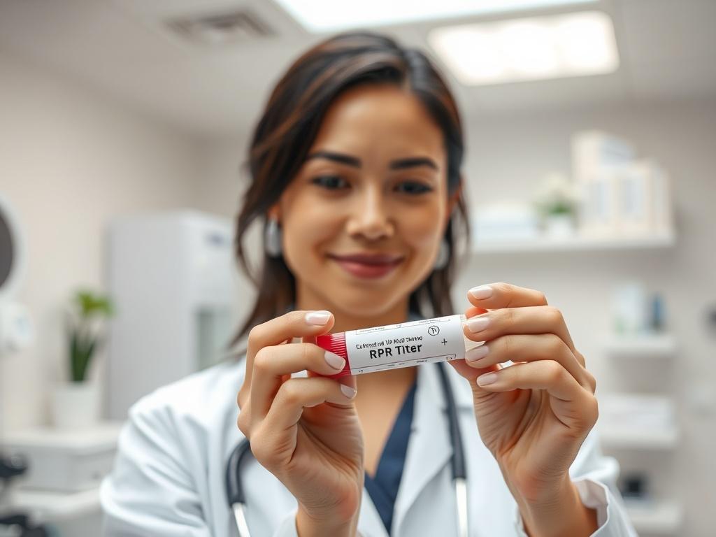 A medical professional in a clean, well-lit clinic setting, gently holding a blood sample tube labeled 'RPR Titer' with a focused expression. The background features soft-toned medical equipment and calming decor, creating a peaceful atmosphere. The image should convey professionalism and care, emphasizing the importance of health and well-being. The lighting should be gentle and warm, enhancing the inviting feel of the clinic.