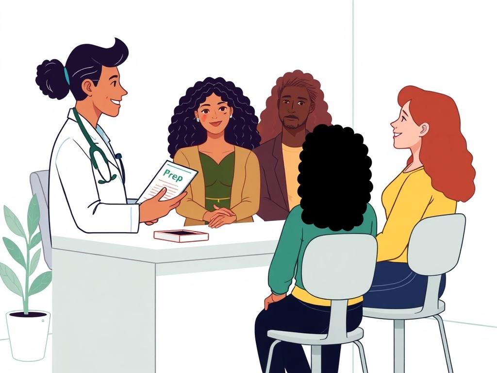 **AI Image Generation Prompt:**

Create a high-quality illustration that visually represents the blog titled “What Is PrEP? Understanding HIV Prevention for Everyone.” The composition should be simple and clear, featuring a single subject that embodies the theme of HIV prevention through PrEP. 

**Subject Matter:** Depict a friendly healthcare professional, who embodies professionalism and inclusivity, explaining the concept of PrEP to a diverse group of individuals sitting at a consultation desk. Ensure th