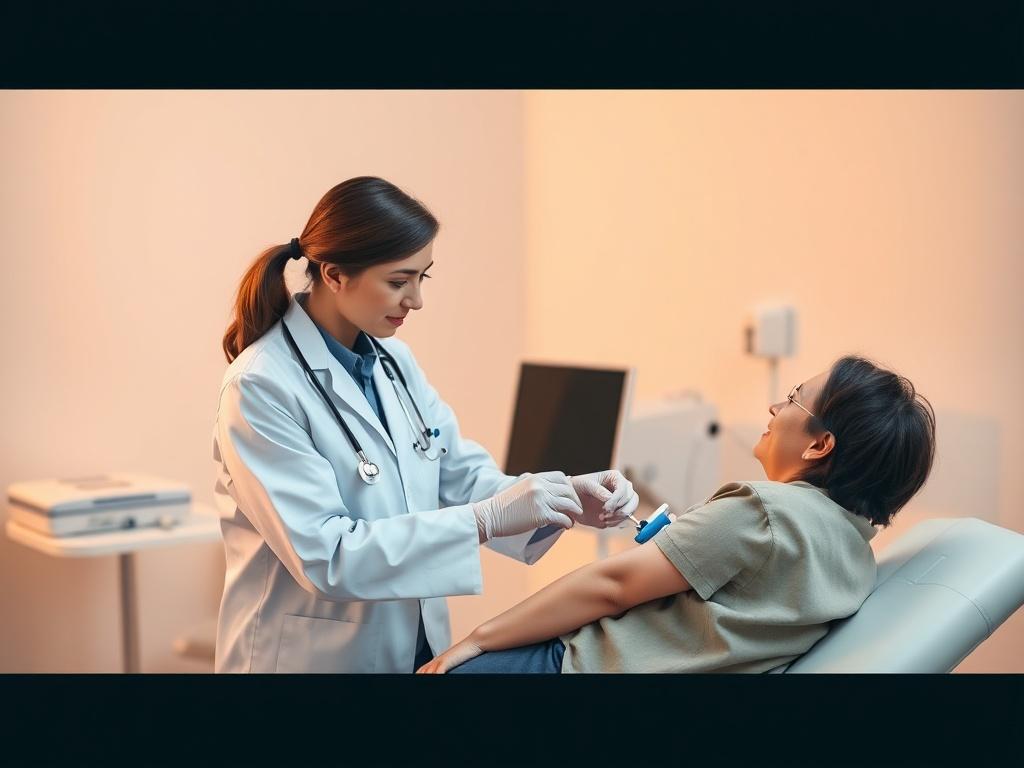 A healthcare professional, wearing a white coat and gloves, gently administering a blood test to a patient in a calm clinic environment. The background features soft, natural lighting and soothing, pastel colors, creating a peaceful atmosphere. The focus is on the healthcare provider's compassionate interaction with the patient, emphasizing professionalism and trust. The setting includes a simple examination table and medical equipment subtly placed in the background.