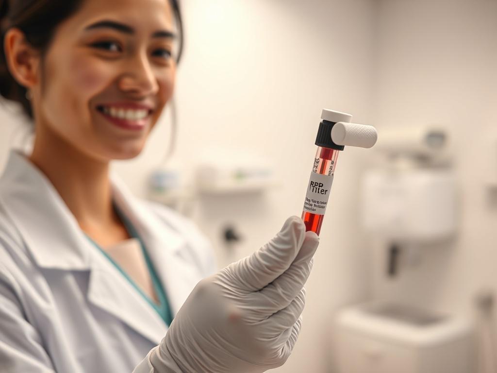 A close-up of a healthcare professional in a softly lit clinic, holding a blood sample tube labeled 'RPR Titer'. The background features gentle, pastel-colored walls and a few medical supplies neatly arranged, creating a calm and peaceful atmosphere. The healthcare professional, wearing a lab coat and gloves, is smiling reassuringly, embodying a sense of trust and professionalism. The overall tone is warm and inviting, emphasizing a safe space for patients.