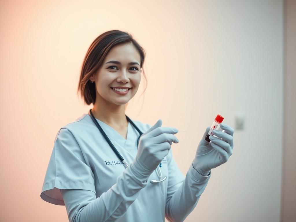 A serene and professional healthcare setting showing a healthcare professional preparing for a blood test. The subject is a smiling nurse in light scrubs holding a testing kit with a soft, warm background that conveys a sense of care and safety. The lighting is gentle and the overall atmosphere is peaceful, emphasizing the importance of health and wellbeing.