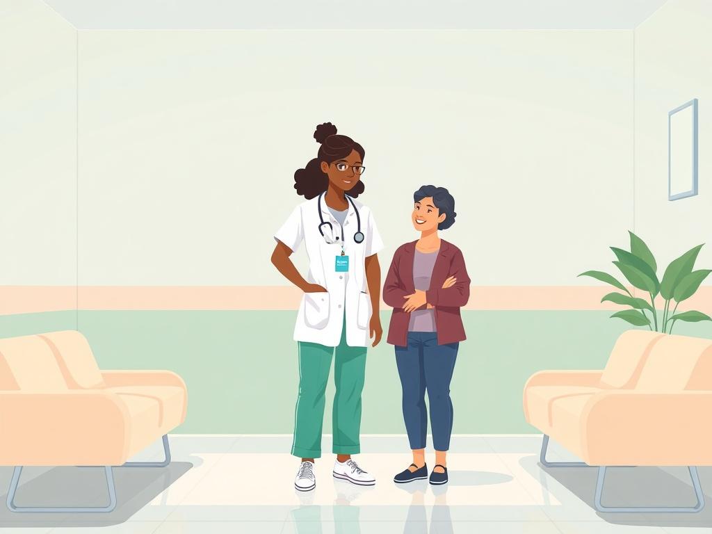 **AI Image Generation Prompt:**

Create a high-quality illustration of a serene and welcoming healthcare environment that embodies the essence of inclusivity and compassion represented by SWING Silom Polyclinic. The central subject of the image should be a diverse healthcare professional—a nurse or doctor—standing confidently in a clean, modern clinic space. They should be engaging with a patient who appears at ease, smiling and receiving care, highlighting the focus on dignity and respect.

The subject sho