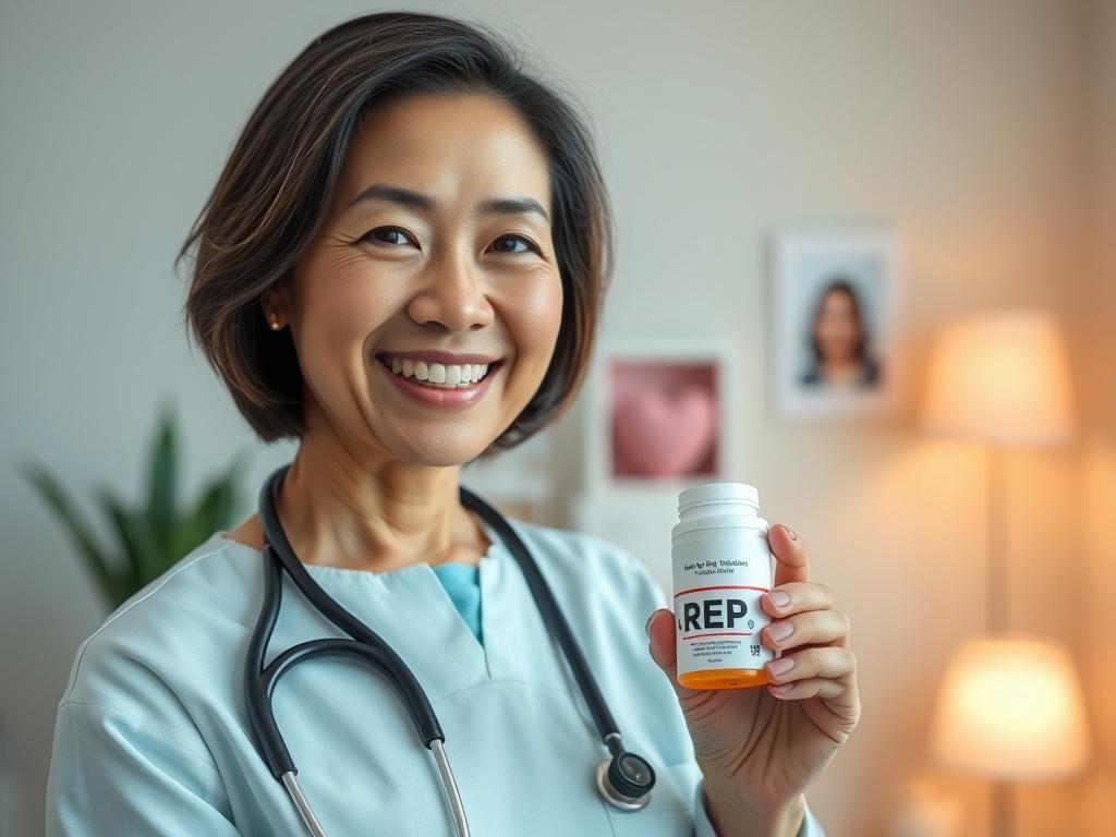 A serene and inviting healthcare setting with a single healthcare professional, a middle-aged woman of Asian descent, smiling warmly at the camera. She is holding a pill bottle labeled 'PrEP' and has a stethoscope around her neck. The background is softly lit, featuring calming colors and gentle decor that exudes trust and professionalism. The overall atmosphere conveys a sense of safety and support, reflecting the commitment to health and wellbeing.